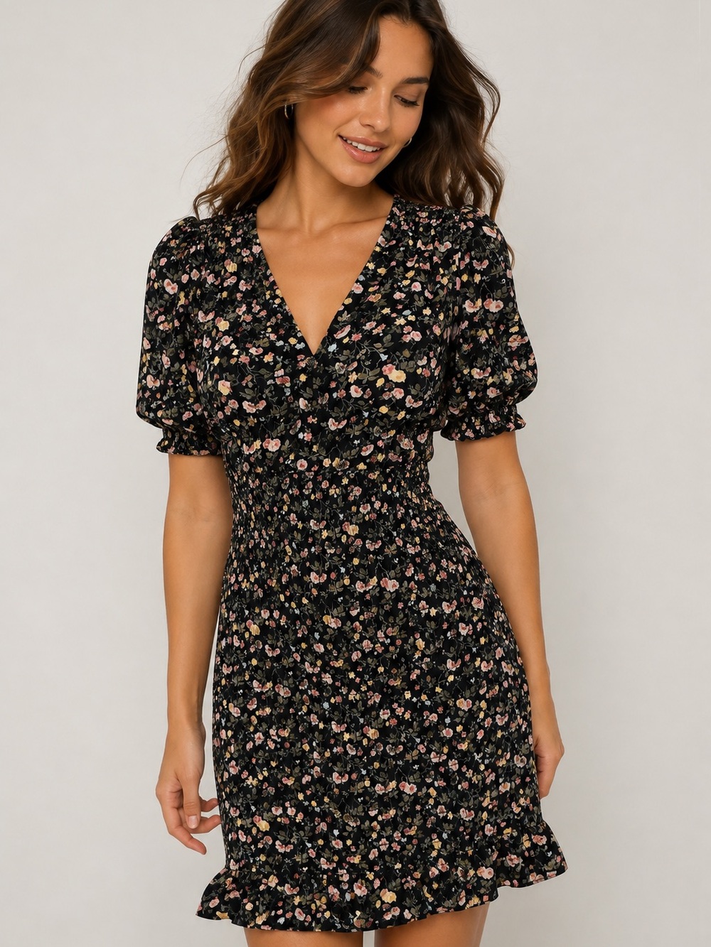 Abercrombie & Fitch Floral Smocked Mini Dress Puff Sleeve Black Size S